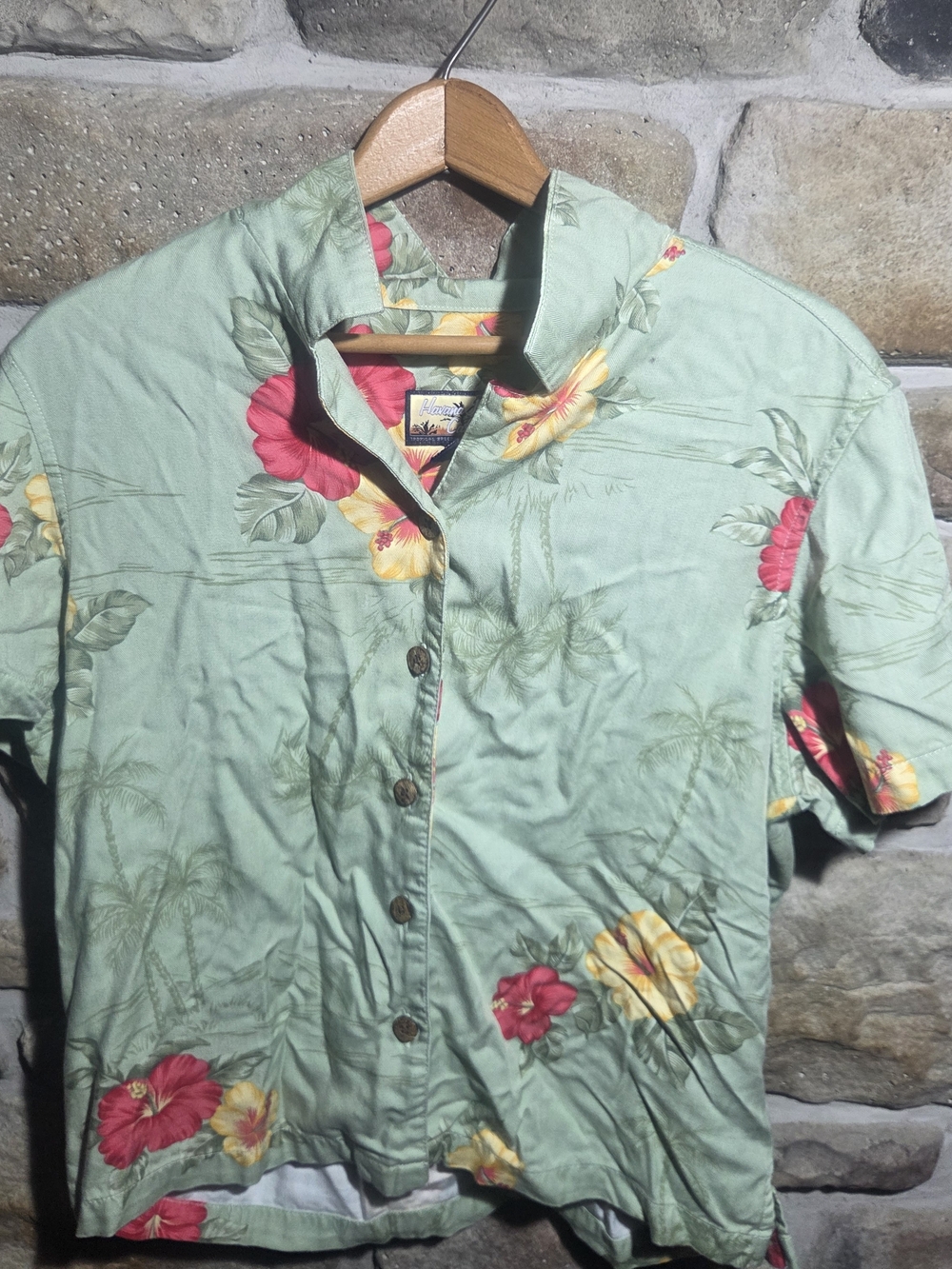 Havana Jack's Cafe Hawaiian Shirt Large L Green Rayon Floral Hibiscus Palm Tree